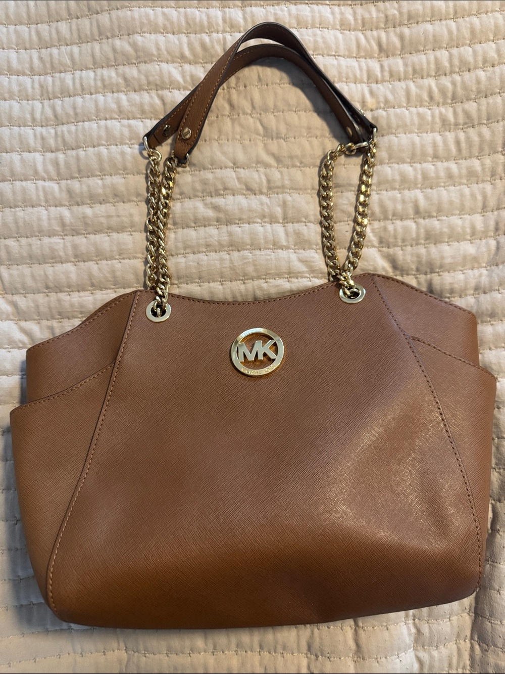 Michael Kors Brown Saffiano Leather Shoulder Bag with Gold Chain